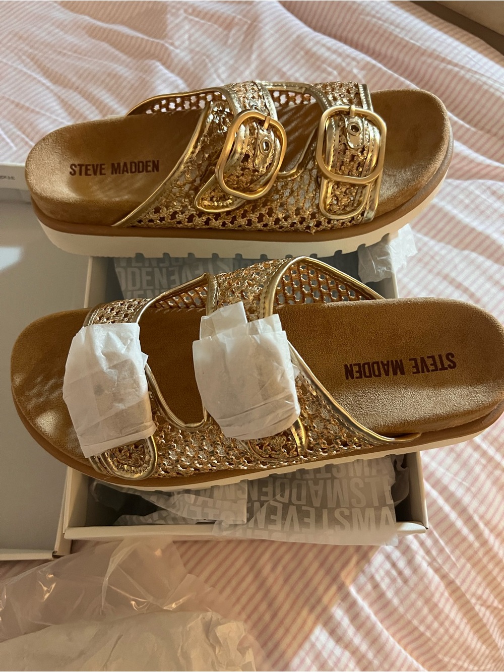 Steve Madden Metallic Gold Woven Double Buckle Slides